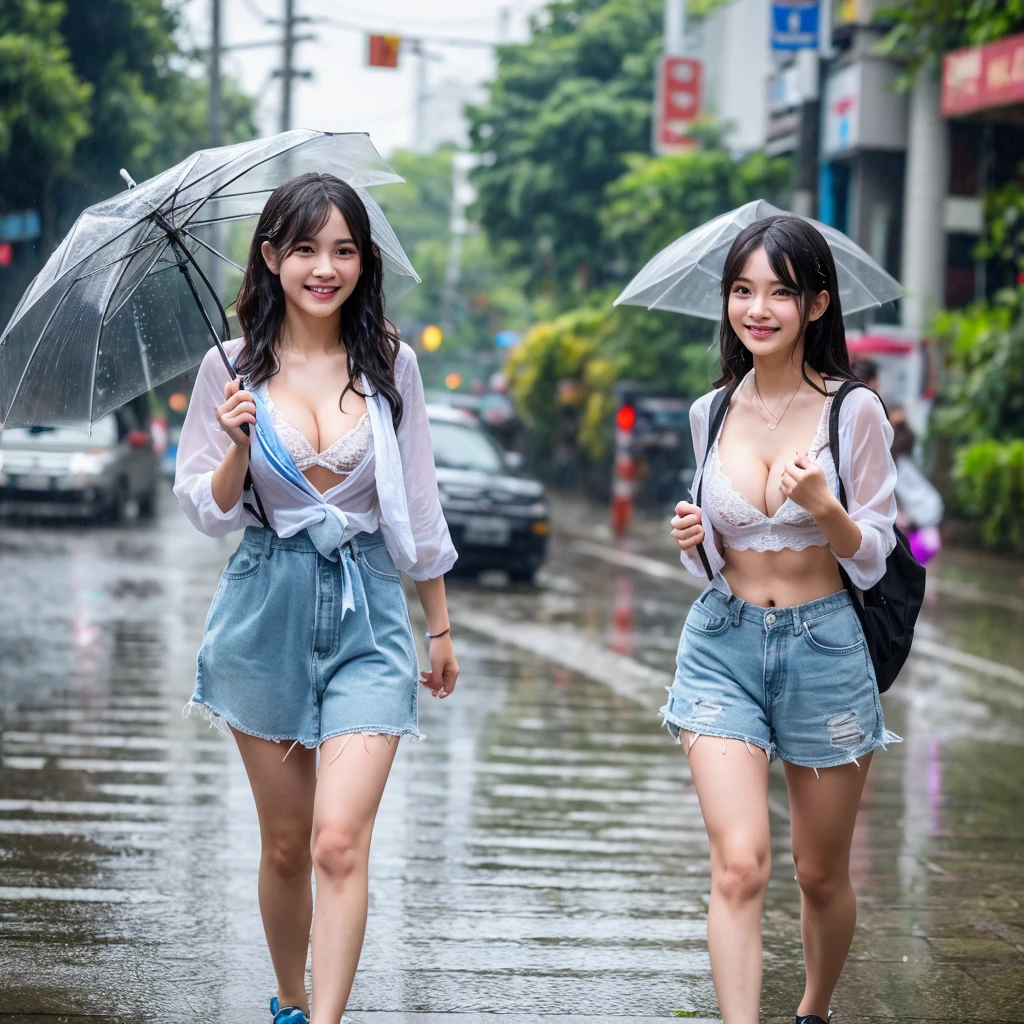 songkran,Walking on a wet city sidewalk,drenched, Dripping, Wet Face,Wet clothes, Wet Skin, Wet Hair,A young woman with a cute face like an idol,((Cleavage)),((Full body portrait)),Natural light,Daytime,RAW Photos,Genuine,Genuine,High resolution,RAW Photos,masterpiece, Genuineistic, beautiful