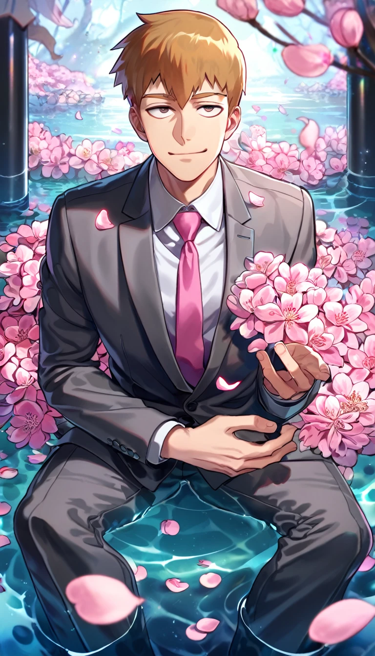 Ultra detailed, Highres, absurdres, HDR, Reigen Arataka, short reddish-blond hair, expressive dark brown eyes, MOB PSYCHO 100, fantasy, petals, dark grey business suit with a pink tie, handsome, sexy man, solo, very detailed eyes and face, master piece, pink flowers, blossoms, pink petals, magical, water, handsome smile, shining blue fireflies, gray pants, sitting