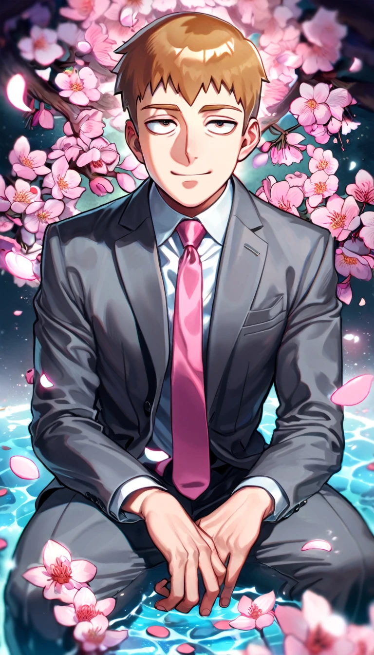 Ultra detailed, Highres, absurdres, HDR, Reigen Arataka, short reddish-blond hair, expressive dark brown eyes, MOB PSYCHO 100, fantasy, petals, dark grey business suit with a pink tie, handsome, sexy man, solo, very detailed eyes and face, master piece, pink flowers, blossoms, pink petals, magical, water, handsome smile, shining blue fireflies, gray pants, sitting