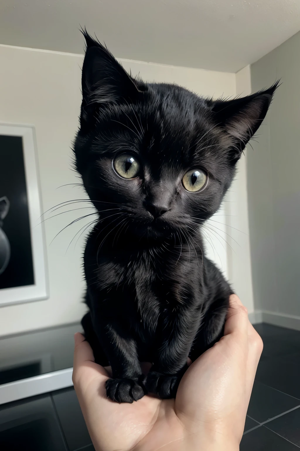 a muscular black kitten in a white room 