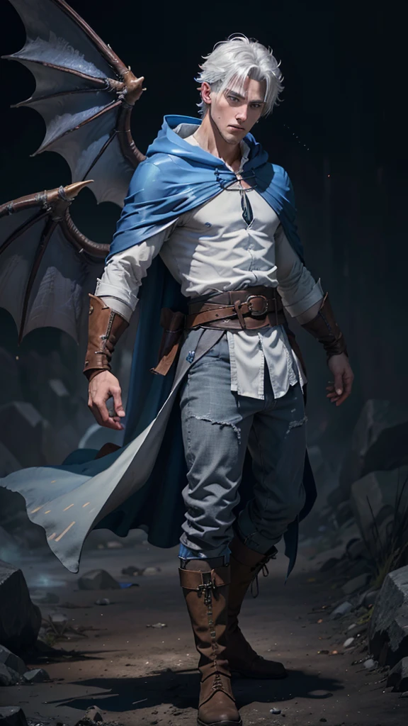 Design 1wizard man shooting a ice beam. Young man with a transparent hooded cape.Light gray hair Gray eyes Wearing a white button-down shirt Wearing blue pants Wearing a brown belt Wearing short brown boots Wearing blue gloves on your hands. Dragon wings on his back. epic.cinematografico.