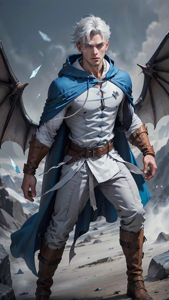 Design 1wizard man shooting a ice beam. Young man with a transparent hooded cape.Light gray hair Gray eyes Wearing a white button-down shirt Wearing blue pants Wearing a brown belt Wearing short brown boots Wearing blue gloves on your hands. Dragon wings on his back. epic.cinematografico.