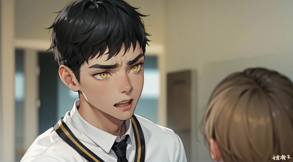 cute boy yellow eyes white hair black clothes with yellow is talking a little upset