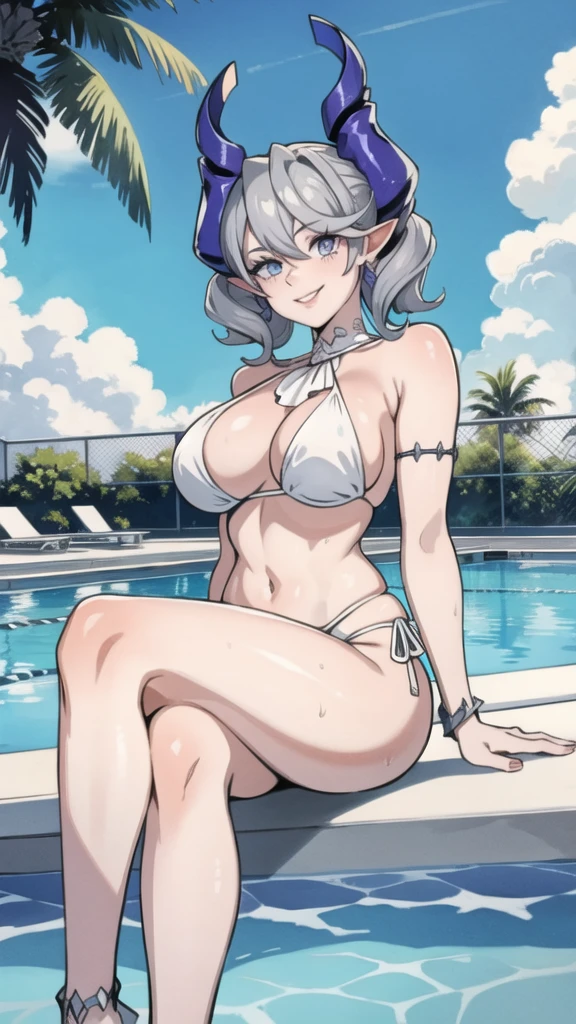 High level image quality　best image quality　8K　 adult woman  pool party  sunset　palm trees   whole body view　portrait　 bikini   　horn    ears  　short hair（（shortcut）（gray hair）（perm）（fluffy））　eye color is blue  , 　attractive evil face , smile   ,  sexy pose   ,  labrynth ,  barearm    , wearing white , looking up   ,  sitting by the pool   , crossed leg style in detailed , anklet , view foot arc  , view from below