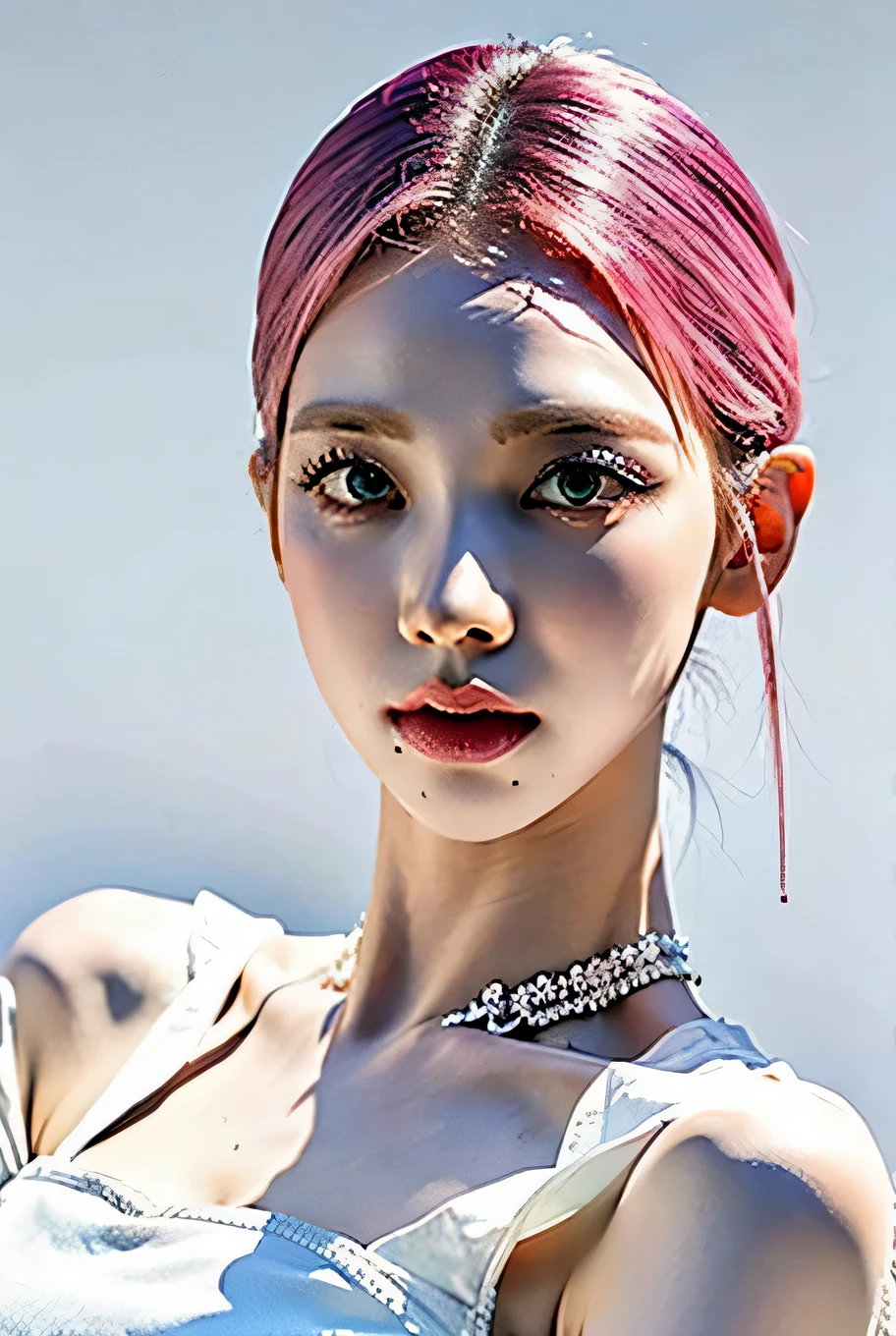 high quality,masterpiece,extremely detailed,high res,4k,ultra high res,detailed shadow,ultra realistic,realistic,dramatic lighting,1girl,solo,detailed face,realistic eyes,realistic skin,pink hair,dynamic pose, dynamic angle, white flowery dress, short hair cut,white background