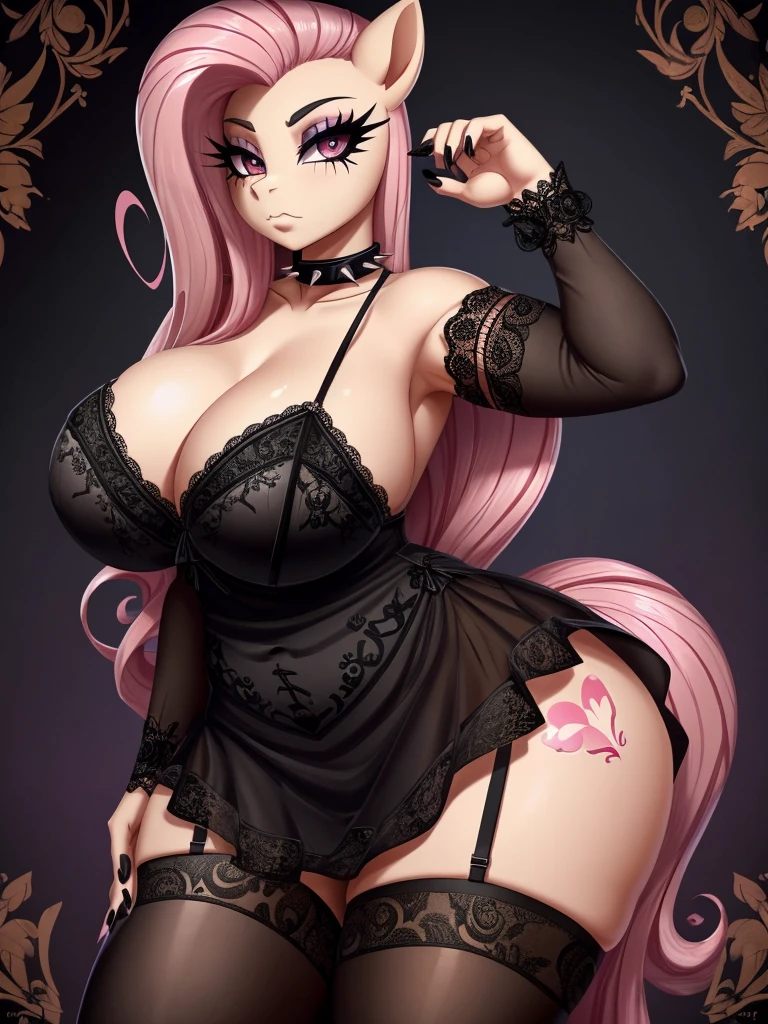 (((Fluttershy))), goth, ((my little pony)), (((detailed eyes))), (((mismatched stockings with heart print))), big perky butt, (voluptuous medium-large breasts), bra with print, serious dominant face, ((long goth lace dress)), (black eyeshadow, black big lips, spiked collar, long eyelashes, black nails, ultra detailed contours, lace sleeves), (((erotic journal pose))), (cutie mark)