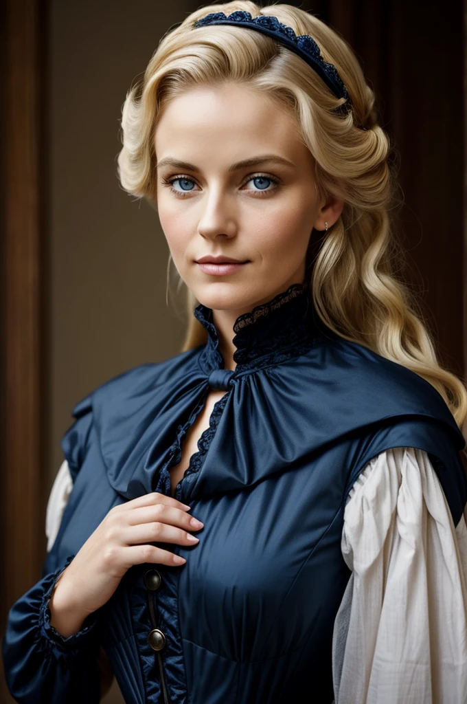 35 year old blonde woman with fine features, voluminous lips, dark blue eyes, moderately pronounced bust, Victorian clothing and hairstyle of the period
