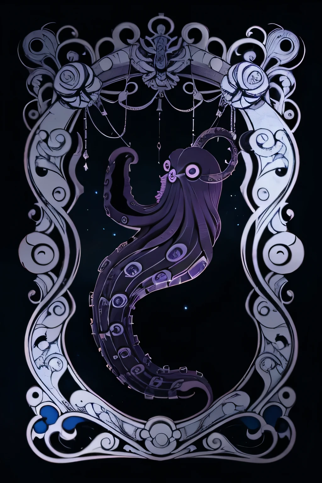 octopus Tentáculos are purple and blue with black dots on them, arte vectorial por Tom Wänerstrand, contraventana, Art Nouveau, twisted Tentáculos, Tentáculos around, ornate Tentáculos growing around, many Tentáculos, octopus Tentáculos, Tentáculo motifs, many suckered Tentáculos. híbrido, Tentáculos, Tentáculo, Tentáculo monster