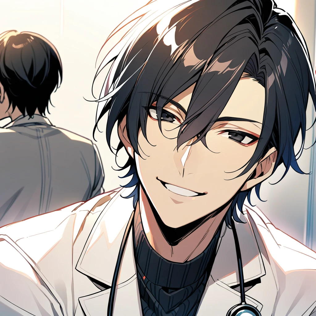 1boy, ikemen, black_hair, doctor, white coat, smile, looking at camera, black eyes, short hair, shoujo manga style illustration