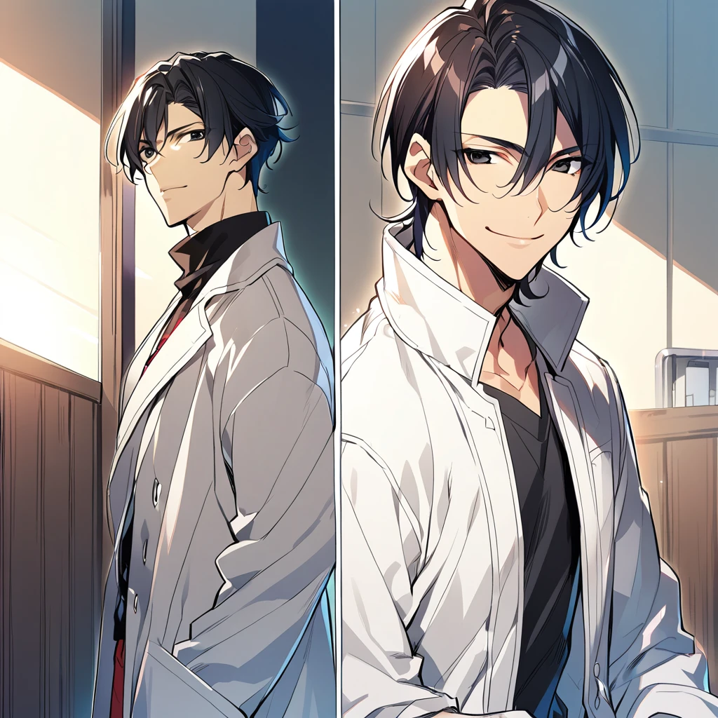1boy, ikemen, black_hair, doctor, white coat, smile, looking at camera, black eyes, short hair, shoujo manga style illustration