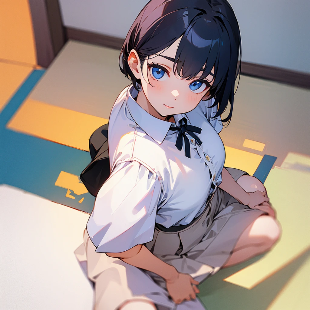 、Short sleeve white blouse、Unbutton up to the third button、skirt、Sitting on the floor、Composition from above