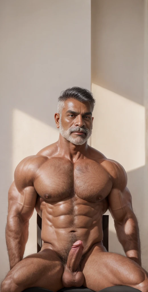 (masterpiece, intricately detailed, highest resolution, best quality:1.2),a cocky indian male model,a 80 y.o muscle dad with a muscular physique sitting on a chair completely naked with black eyes,dark-skinned male, shaved head, huge beard, mutton- chops,flaccid penis,saggy balls,hairy chest,vascular,muscle striations,soft light,fantastic realism,