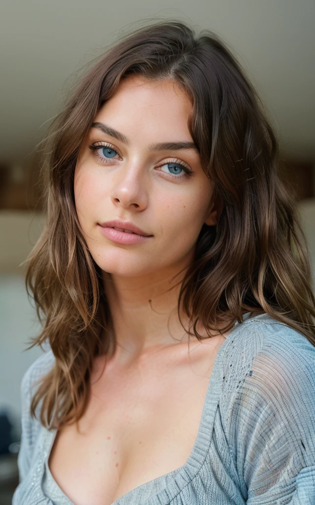 Beautiful brunette with blonde highlights (normal outfit with huge (in a house), Very detailed, 22 years old, innocent face, natural wavy hair, blue eyes, wavy hair, high resolution, masterpiece, best quality , intricate details, highly detailed, sharp focus, detailed skin, realistic skin texture, texture, detailed eyes, professional, 4k, charming smile, filmed on Canon, 85 millimeters, shallow depth of field, Kodak Vision Color, perfectly body adjusted, Extremely detailed, photograph_\(ultra\), photorealistic, Realistic, Post-processing, Maximum details, roughness, real life, ultra realistic, photorealism, photography, 8K UHD, photography