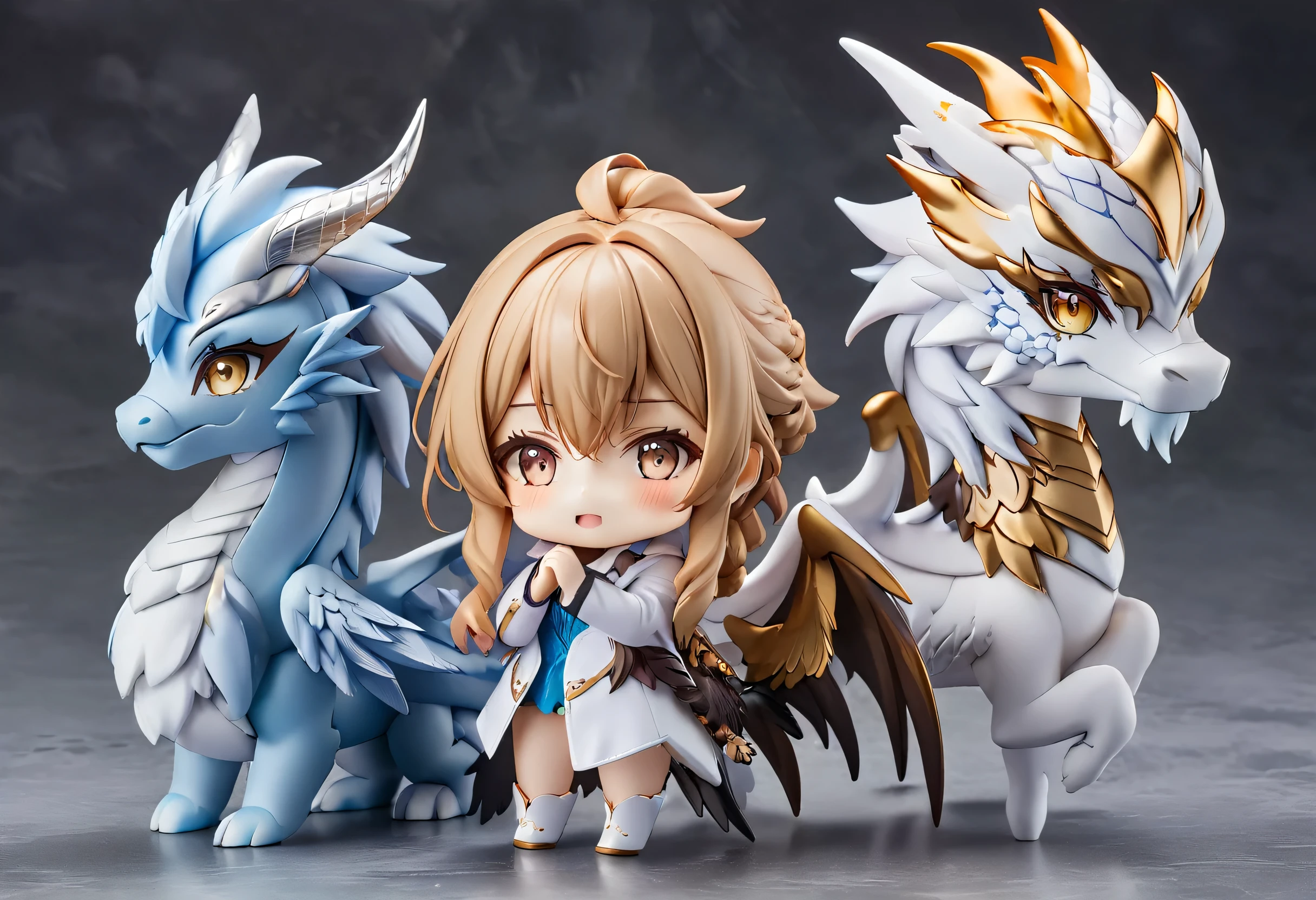 (nendoroid:2)Brave Griffon and dragons, perfect anatomy, masterpiece, best quality, 16k, beautiful detailed grow, daydreaming expression.