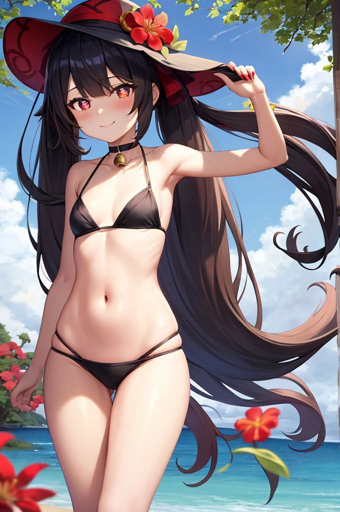 hd,8k,ultra qualty,1girl, ((solo)), hutao_genshin, standing, flower, bare arms, very long hair, long hair, twintails, brown hair, red eyes, stomach, cleavage, choker, sidelocks, symbol-shaped pupils, smile, bikini, on stomach ((flower-shaped pupils)), red bikini, navel, red flower, bare shoulders, hair ornament, strap slip, hair flower, thighs, day, outdoors, thigh gap, plum blossoms, bell, blush, looking at viewer, ((sky)), blue sky, (beach), sea, sand,((black headwear)) , black hat, black chinese hat, flat chest