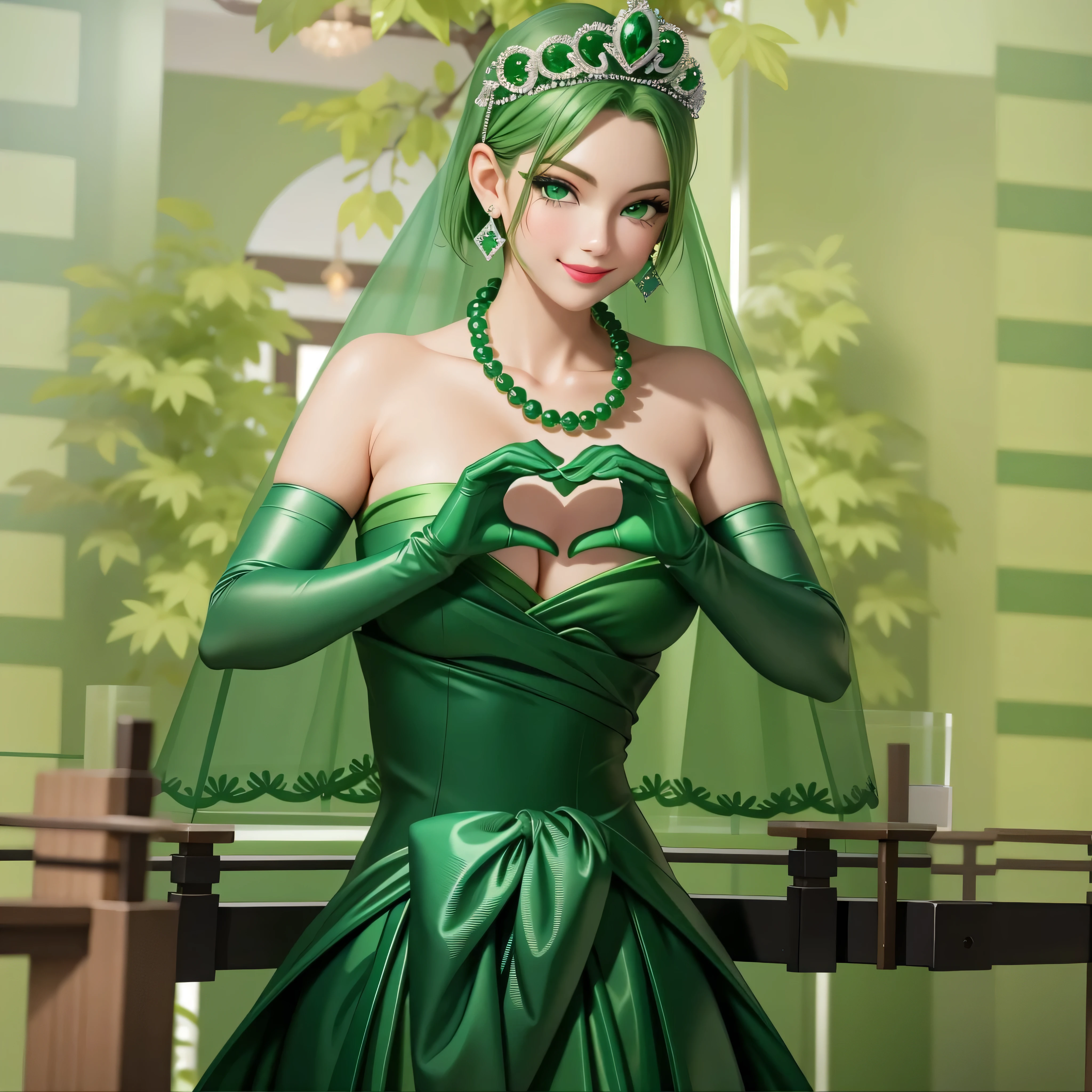 emerald tiara, Green Pearl Necklace, Boyish very short green hair, Green Lips, Smiling Japanese woman, Very short hair, Busty beautiful lady, Green Eyes, Green satin long gloves, Green Eyes, Emerald Earrings, Green veil, Heart with both hands, Green Hair, Beautiful Japanese Women, Heart shaped hands:1.3, green lip gloss