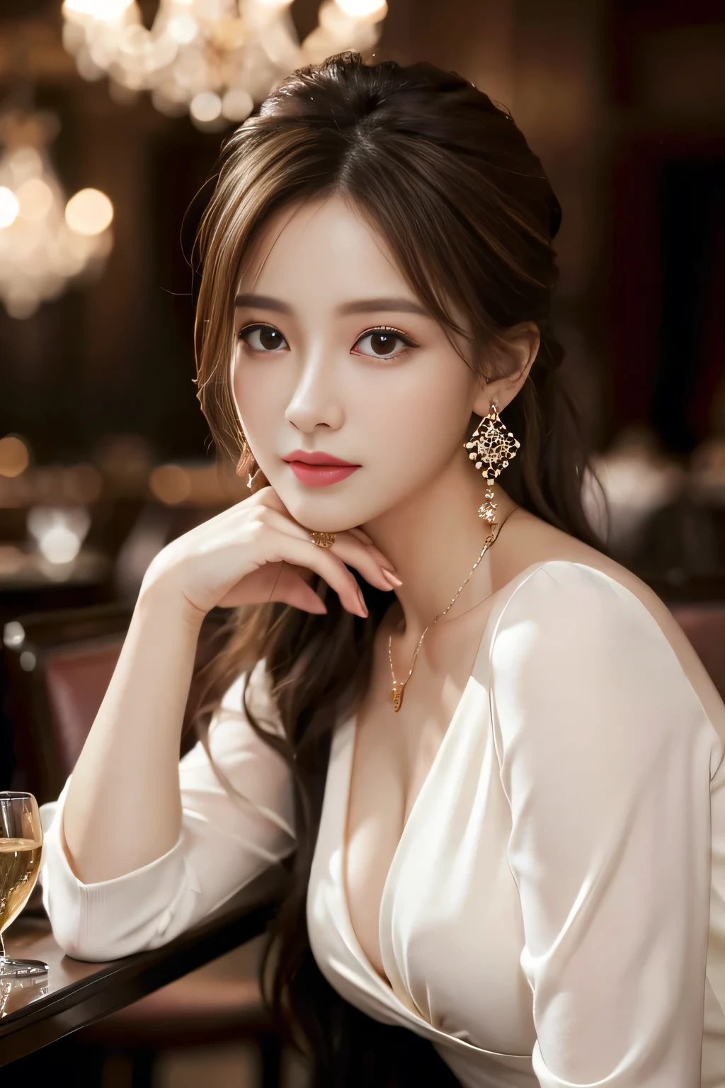 masterpiece, Highest quality, Realistic, Very detailed, Finer details, High resolution, 8k wallpaper, One beautiful woman, wear an elegant suit, In a great restaurant, At night, Light brown messy hair, Perfect dynamic composition, Beautiful and beautiful eyes、Big earrings、Sit on a chair、