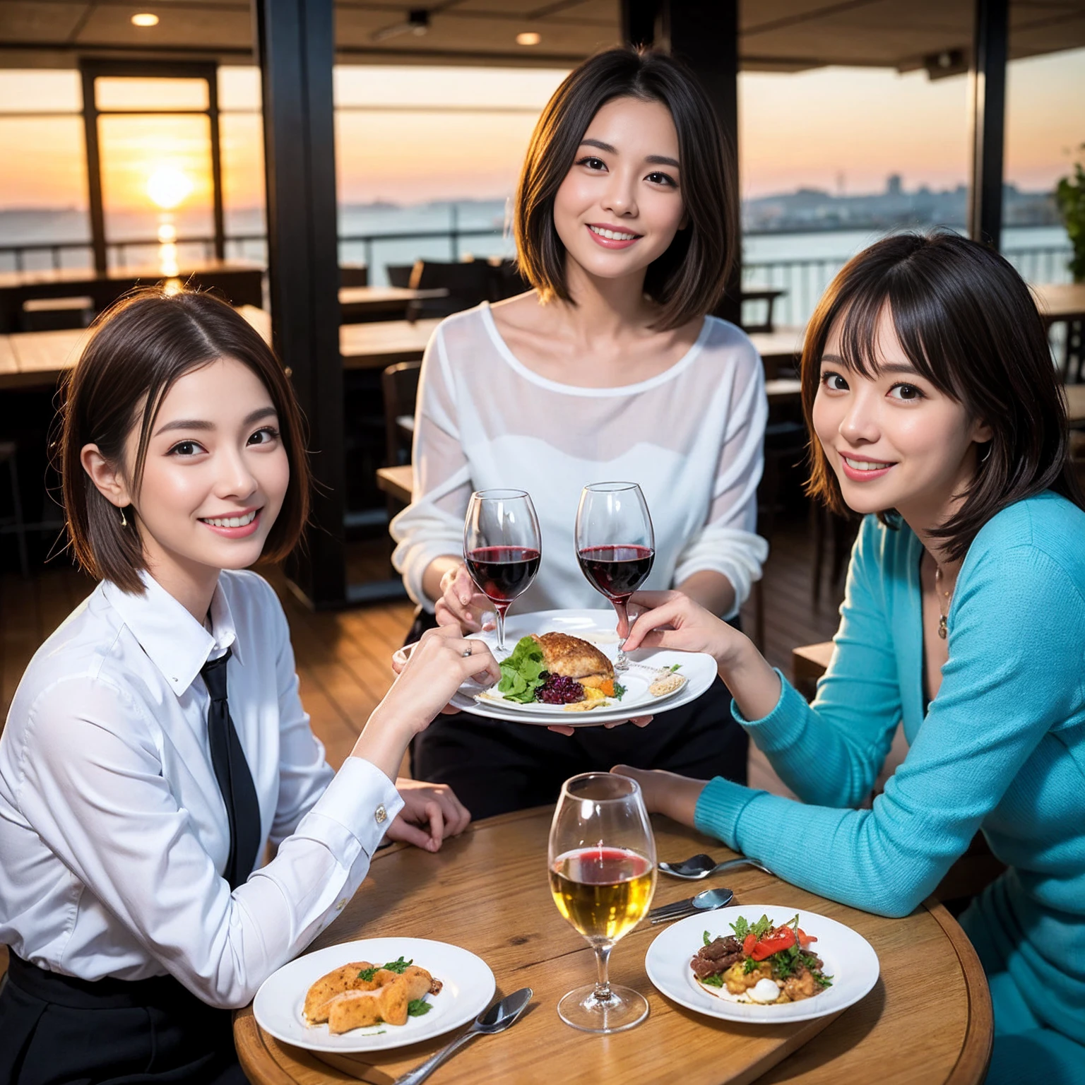 ((Highest quality、8K、masterpiece:1.3))、 (Genuineistic, Genuine、Bright image、Intricate details:1.2), 最高のsmile、1 male 1 female、Beautiful couple、Lovey-dovey lovers、fiancee、Good friends、actress couple、smile、Full-course dinner at a packed table、 (Slim face), (the body is slim), (Brown Hair), (short hair), テーブルのwine glass、Please shine a light on my face、 Amazing view of the sunset sky and clouds、 years old 39 years old, red wine 、Appetizers、Wine bottle、sparkling wine、Long sleeve shirt、dress、White wine, red wine, wine glass, 