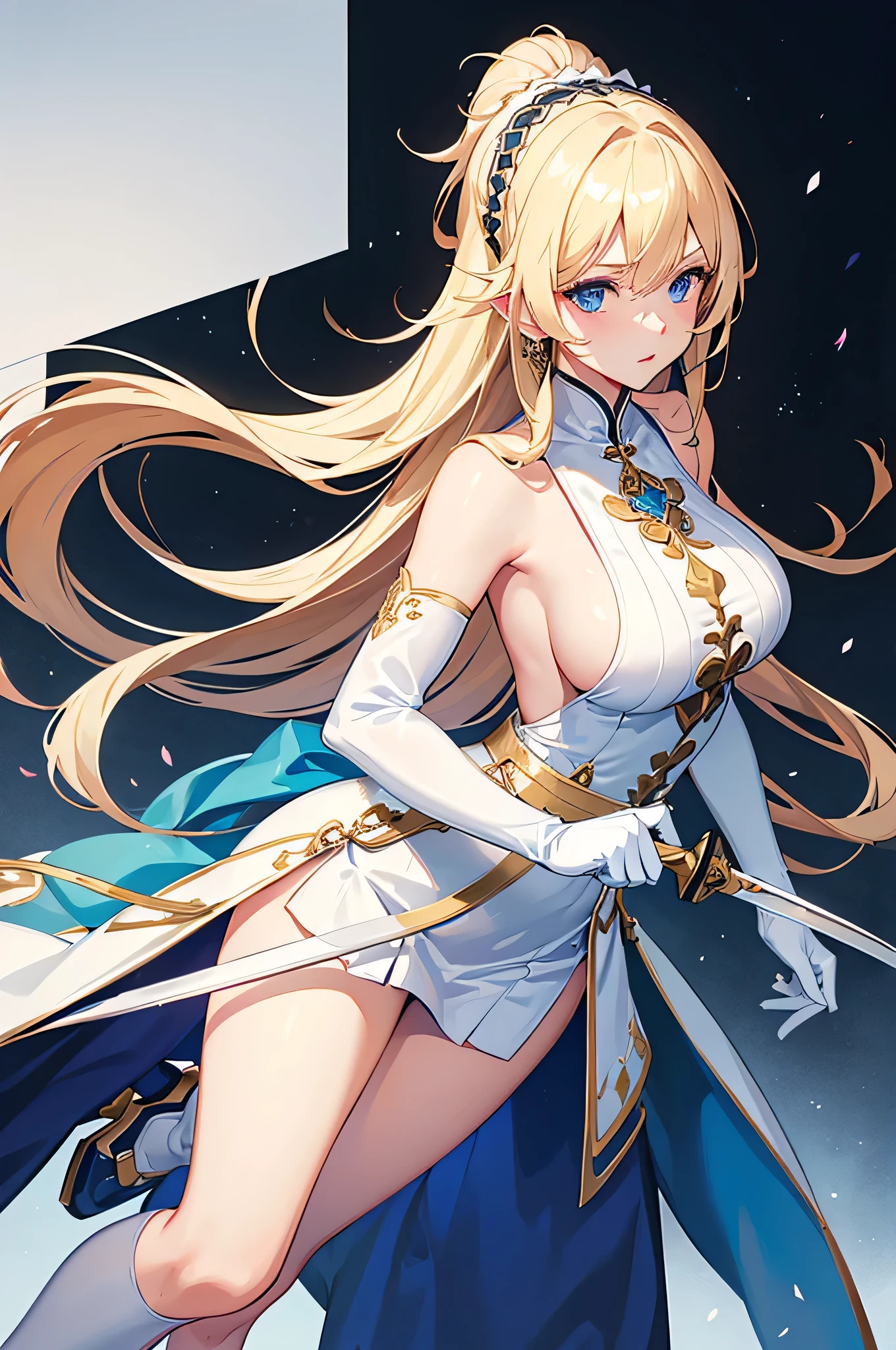 4K,High resolution,One Woman,Blonde,long hair,Blue Eyes,Big Breasts,Swordsman,White Chinese dress,Sleeveless,Sideboob,Black tights,White shoes,White gloves,hair band,Jewelry decoration,Long sword,Medieval village