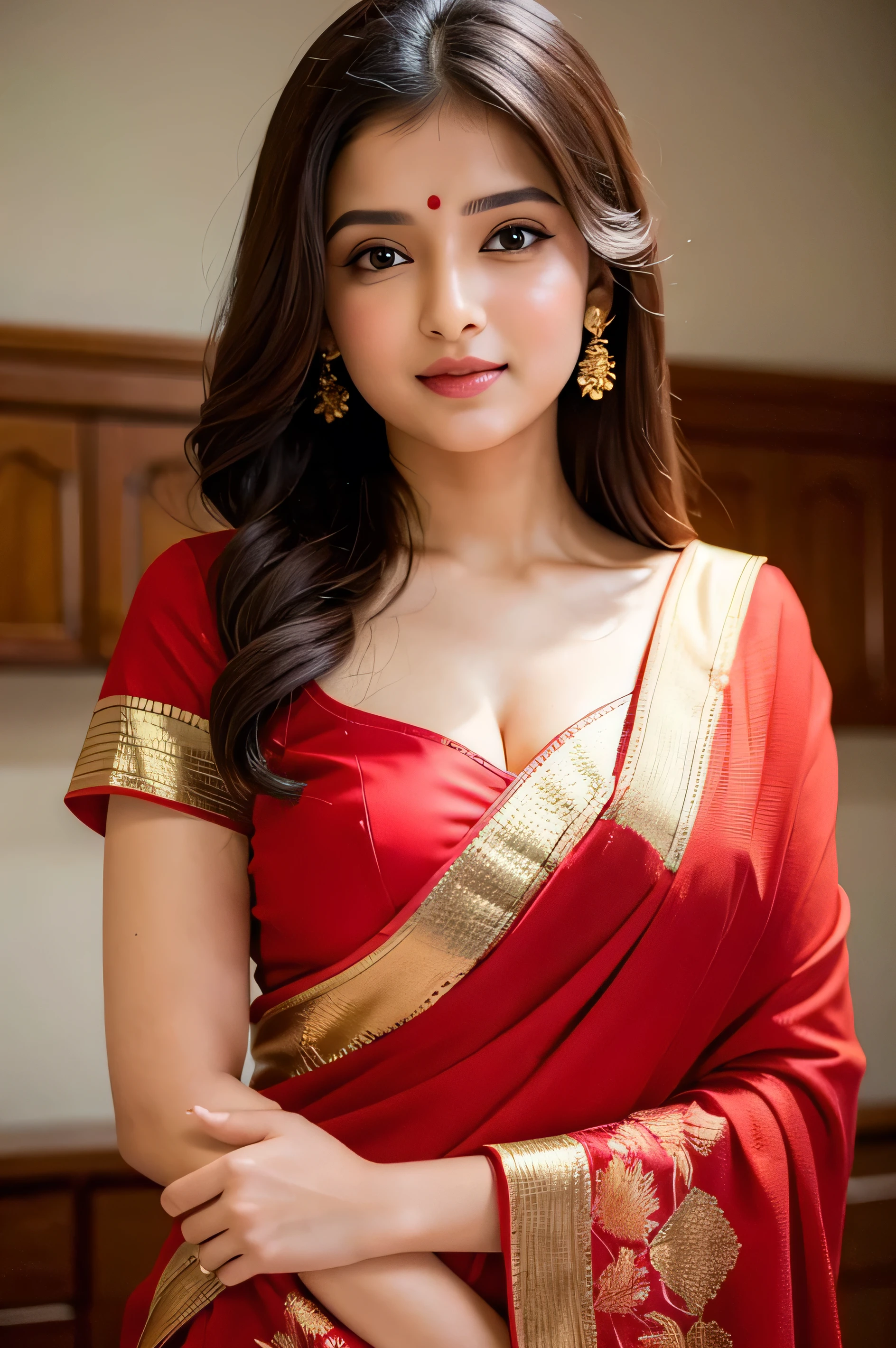 ((best quality)), ((masterpiece)), (detailed), 1girl, with indian saree, with cute red blouse