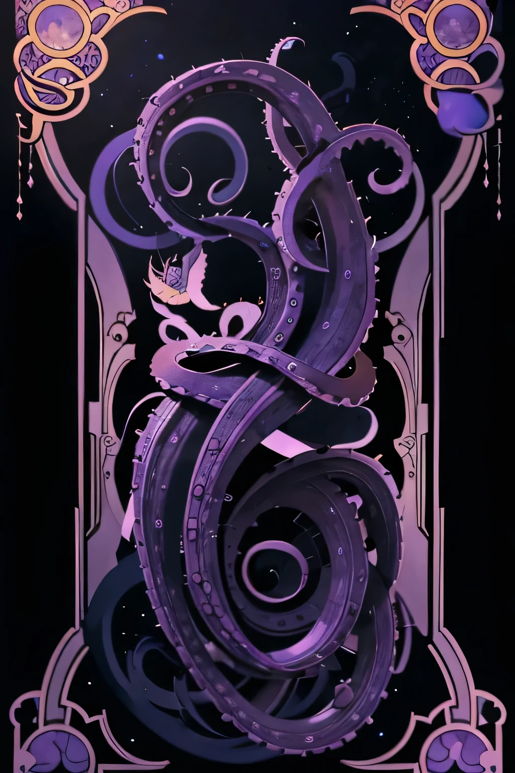 octopus Tentáculos are purple and blue with black dots on them, arte vectorial por Tom Wänerstrand, contraventana, Art Nouveau, twisted Tentáculos, Tentáculos around, ornate Tentáculos growing around, many Tentáculos, octopus Tentáculos, Tentáculo motifs, many suckered Tentáculos. híbrido, Tentáculos, Tentáculo, Tentáculo monster