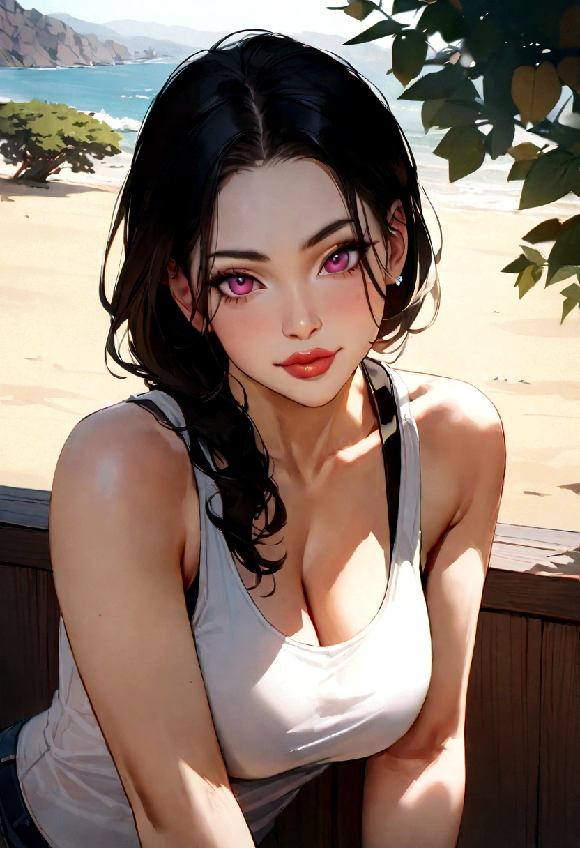 最high quality, In 8K, Masseter muscle area, Lifelike, Sharp focus, high quality, High resolution, Detailed face, Detailed eyes, Thick lips, (Look at the viewers), solo, Middle-aged women, Beautiful woman、55 years old, plum, Beautifully styled hair, , Afternoon in the garden smile Japanese、Tank top、Beach JapaneseJapaneseJapaneseJapaneseJapanese