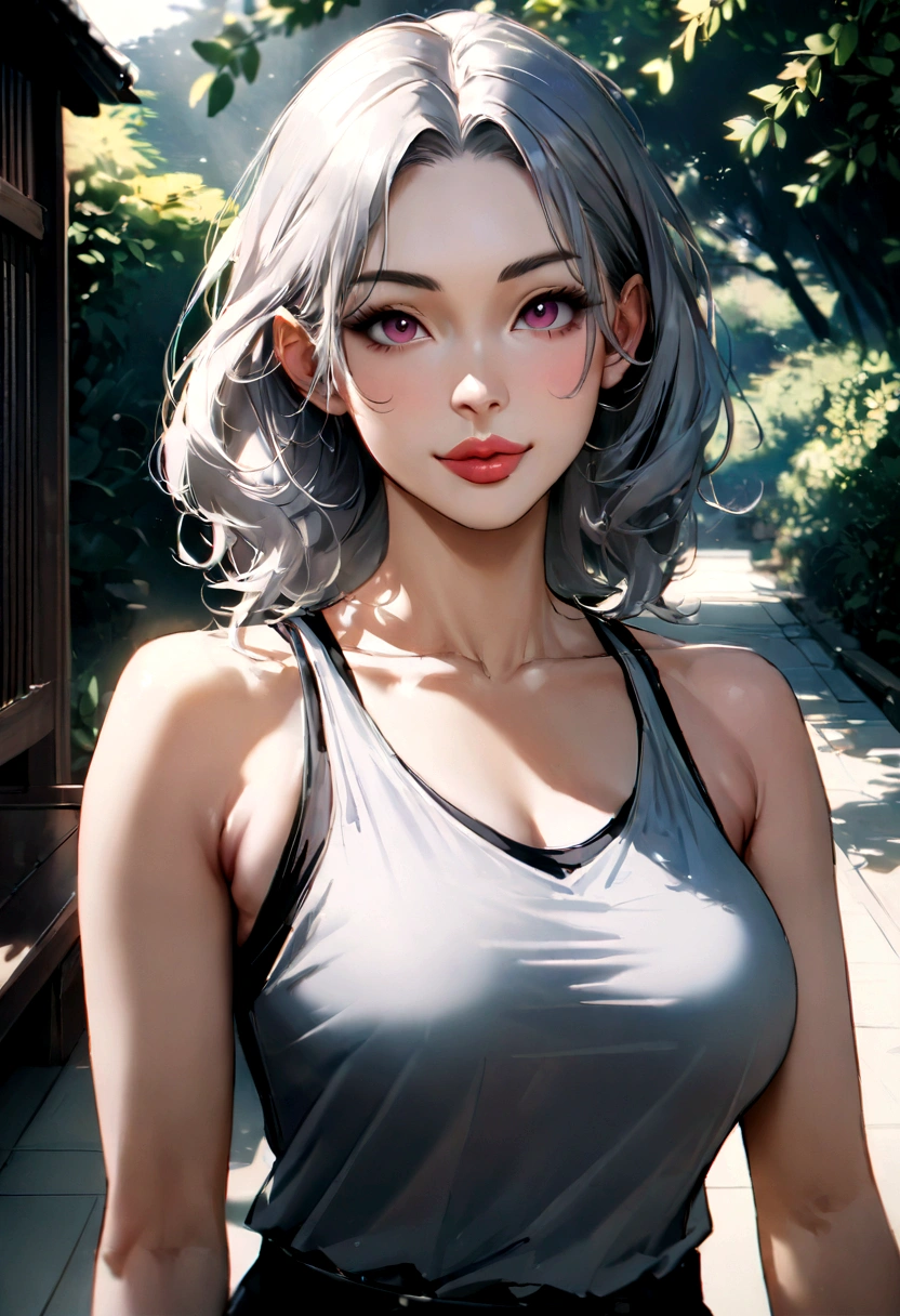 最high quality, In 8K, Masseter muscle area, Lifelike, Sharp focus, high quality, High resolution, Detailed face, Detailed eyes, Thick lips, (Look at the viewers), solo, Middle-aged women, Beautiful woman、55 years old, plum, Beautifully styled hair, , Afternoon in the garden　smile　Japanese、Tank top、Beach　JapaneseJapaneseJapaneseJapaneseJapanese