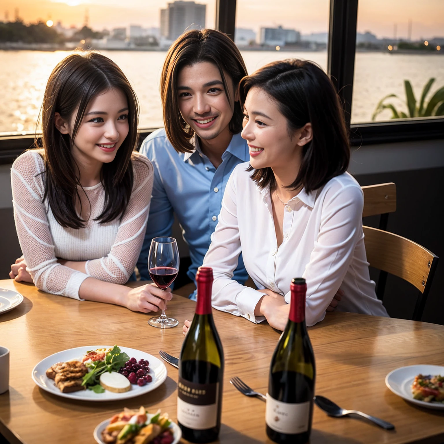 ((Highest quality、8K、masterpiece:1.3))、 (Genuineistic, Genuine、Bright image、Intricate details:1.2), 最高のsmile、1 male 1 female、Beautiful couple、Lovey-dovey lovers、fiancee、Good friends、actress couple、smile、Full-course dinner at a packed table、 (Slim face), (the body is slim), (Brown Hair), (short hair), テーブルのwine glass、Please shine a light on my face、 Amazing view of the sunset sky and clouds、 years old 39 years old, red wine 、Appetizers、Wine bottle、sparkling wine、Long sleeve shirt、dress、White wine, red wine, wine glass,