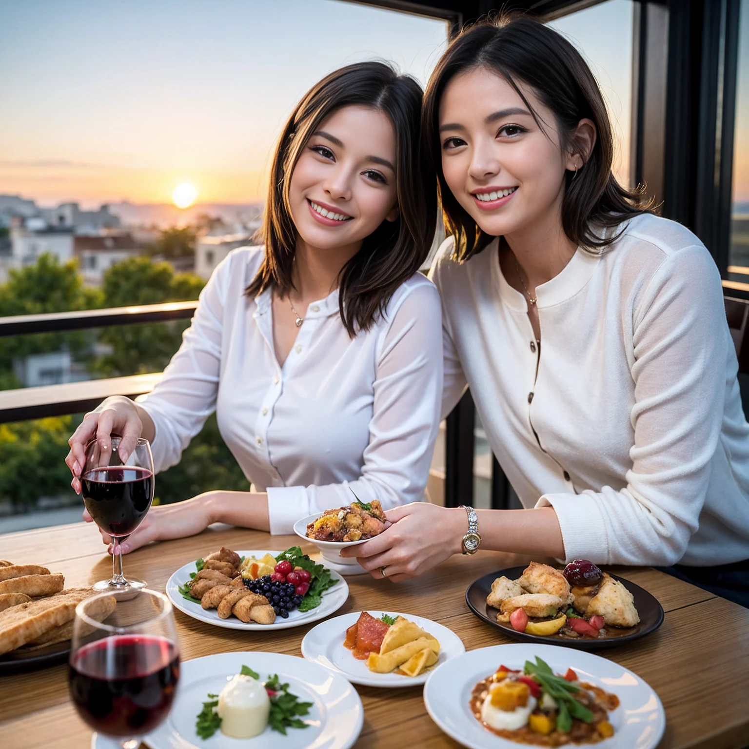 ((Highest quality、8K、masterpiece:1.3))、 (Genuineistic, Genuine、Bright image、Intricate details:1.2), 最高のsmile、1 male 1 female、Beautiful couple、Lovey-dovey lovers、fiancee、Good friends、actress couple、smile、Full-course dinner at a packed table、 (Slim face), (the body is slim), (Brown Hair), (short hair), テーブルのwine glass、Please shine a light on my face、 Amazing view of the sunset sky and clouds、 years old 39 years old, red wine 、Appetizers、Wine bottle、sparkling wine、Long sleeve shirt、dress、White wine, red wine, wine glass, 