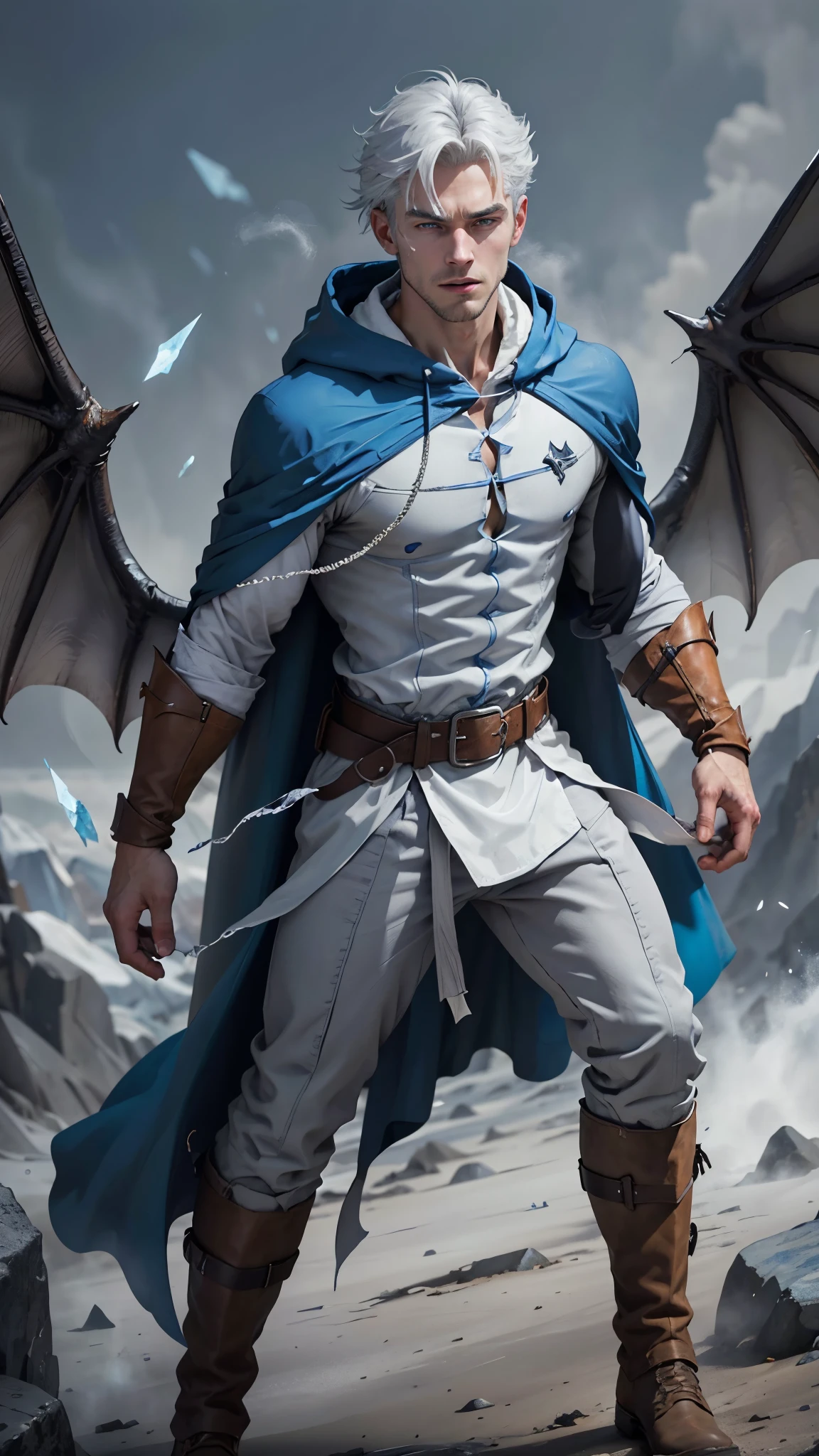 Design 1wizard man shooting a ice beam. Young man with a transparent hooded cape.Light gray hair Gray eyes Wearing a white button-down shirt Wearing blue pants Wearing a brown belt Wearing short brown boots Wearing blue gloves on your hands. Dragon wings on his back. epic.cinematografico.