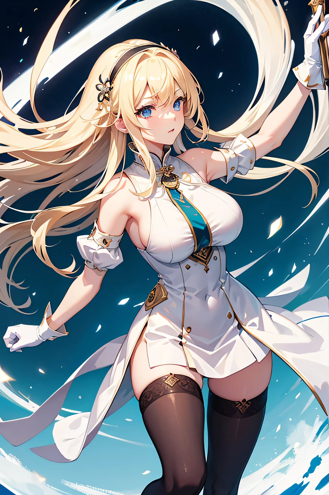 4K,High resolution,One Woman,Blonde,long hair,Blue Eyes,Big Breasts,Swordsman,White Chinese dress,Sleeveless,Black tights,White shoes,White gloves,hair band,Jewelry decoration,Long sword,Medieval village