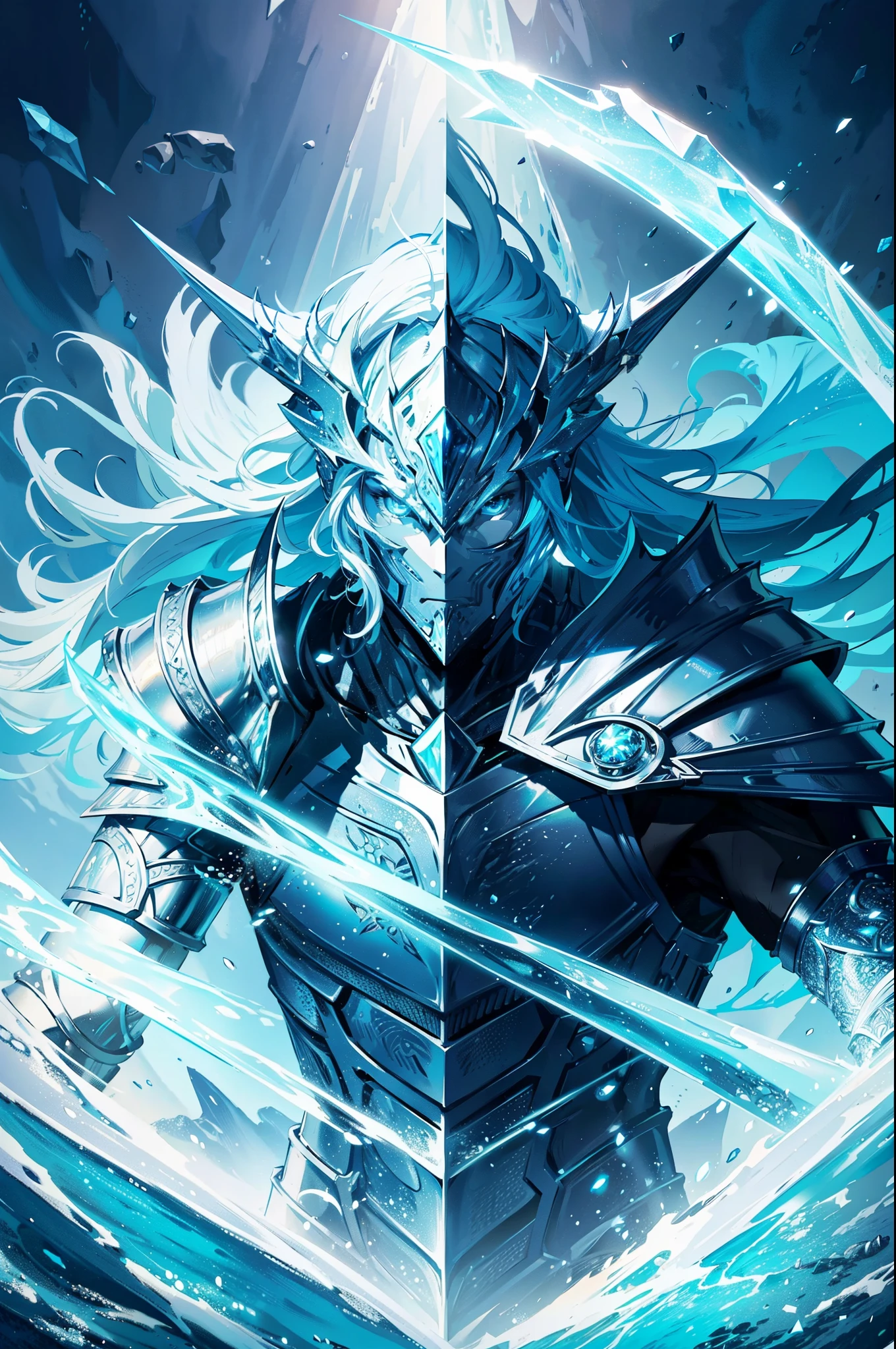 Ice knight, man with fine armor, intricate design, ocean blue details, silk, cinematic lighting, 4k, floating hair, sharp, prism, shining knight. Man with details armor.