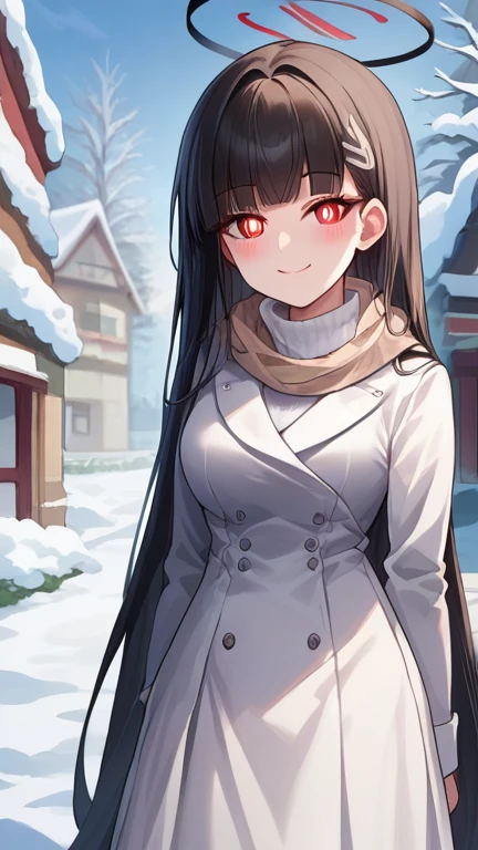 score_9, score_8_up, source_anime, 1girl, solo, TsukatsukiRio, black hair, red eyes, ringed eyes, white pupils, hairclip, halo, turtleneck sweater, long skirt, outdoors, scarf, winter, smile, blush, 