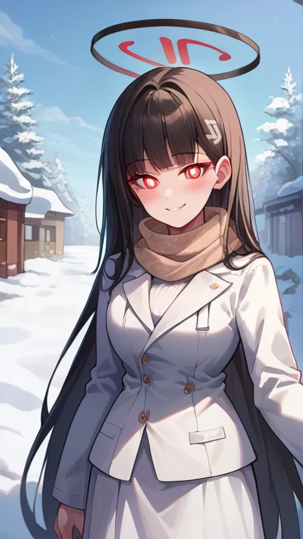 score_9, score_8_up, source_anime, 1girl, solo, TsukatsukiRio, black hair, red eyes, ringed eyes, white pupils, hairclip, halo, turtleneck sweater, long skirt, outdoors, scarf, winter, smile, blush, 