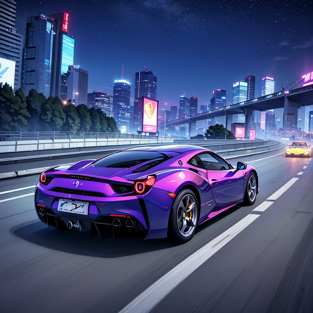 (Highest quality, 8K, masterpiece :1.2), Ultra-realistic, cyber punk, In the mountains, A detailed purple Ferrari 488, Speeding on the highway, (Facing the audience), Blue skyscrapers in the background, At night,
