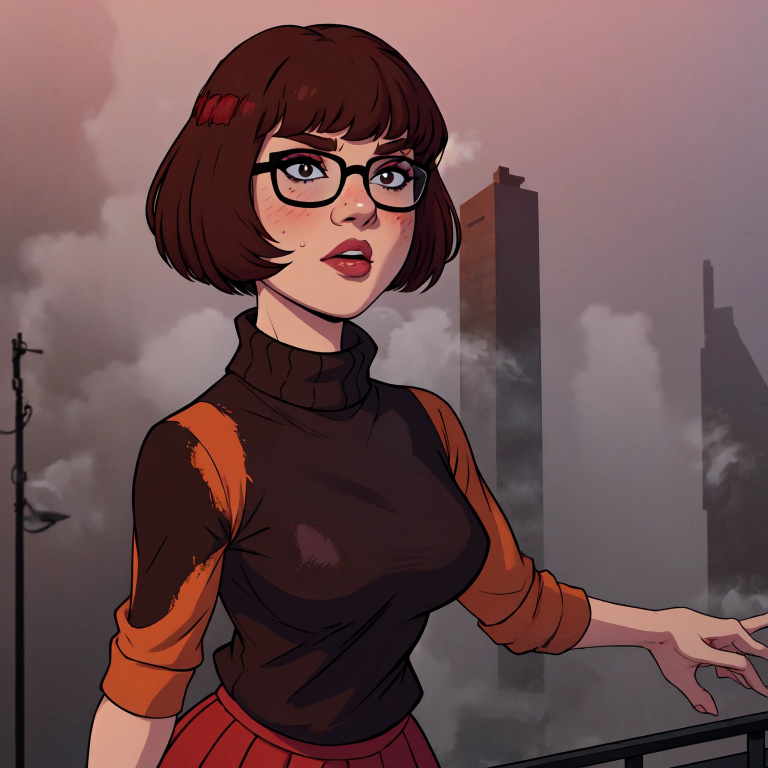 1girl, Velma from scooby-doo, solo, skinny, brown hair, black eyes, square glasses, orange turtleneck blouse and red skirt,  eyeliner, looking at viewer, lips, black bob cut, blunt bangs, blush, standing, upper body, face focus, outdoors, horror \(theme\), night, fog egirlmakeup,  terror background