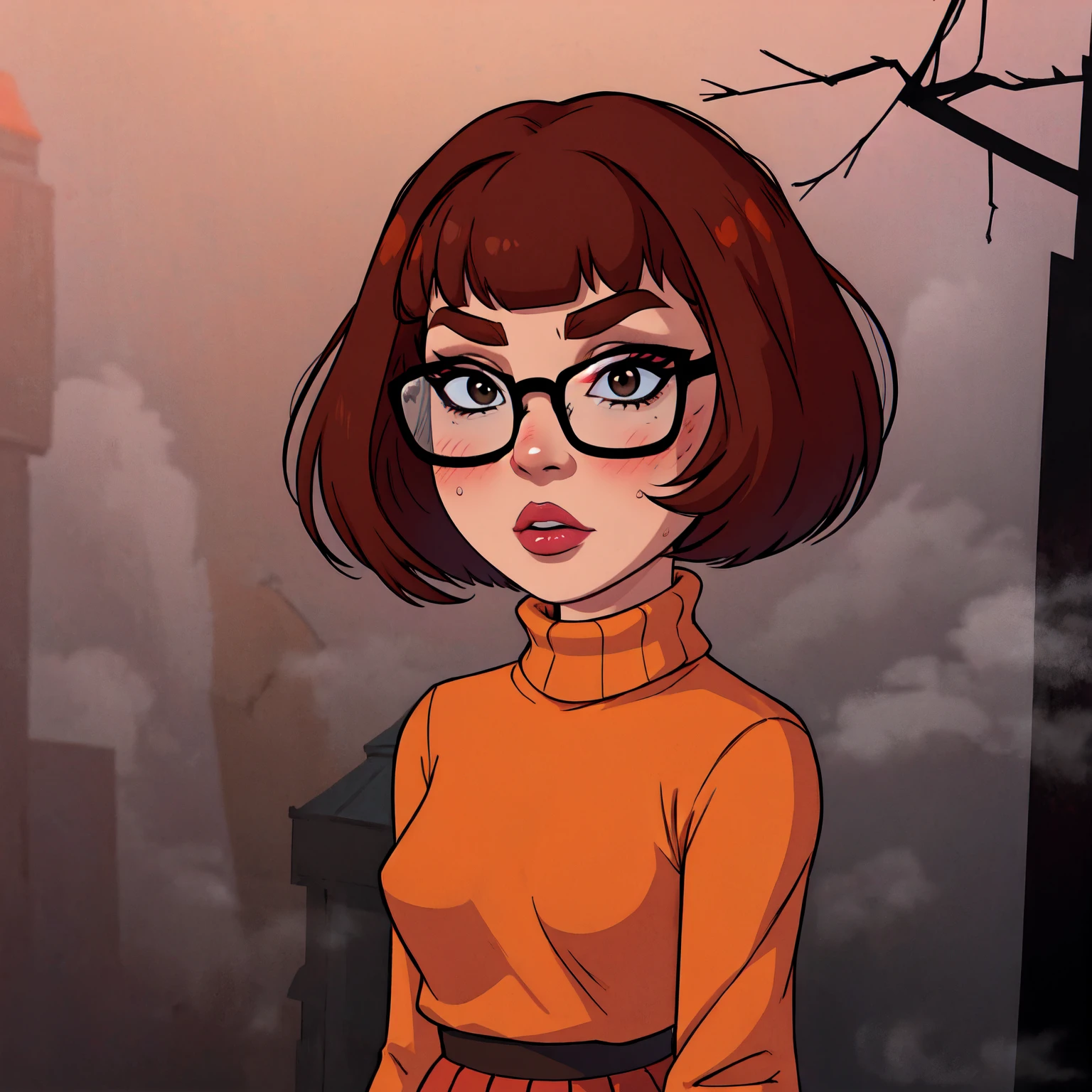 1girl, Velma from scooby-doo, solo, skinny, brown hair, black eyes, square glasses, orange turtleneck blouse and red skirt,  eyeliner, looking at viewer, lips, black bob cut, blunt bangs, blush, standing, upper body, face focus, outdoors, horror \(theme\), night, fog egirlmakeup,  terror background