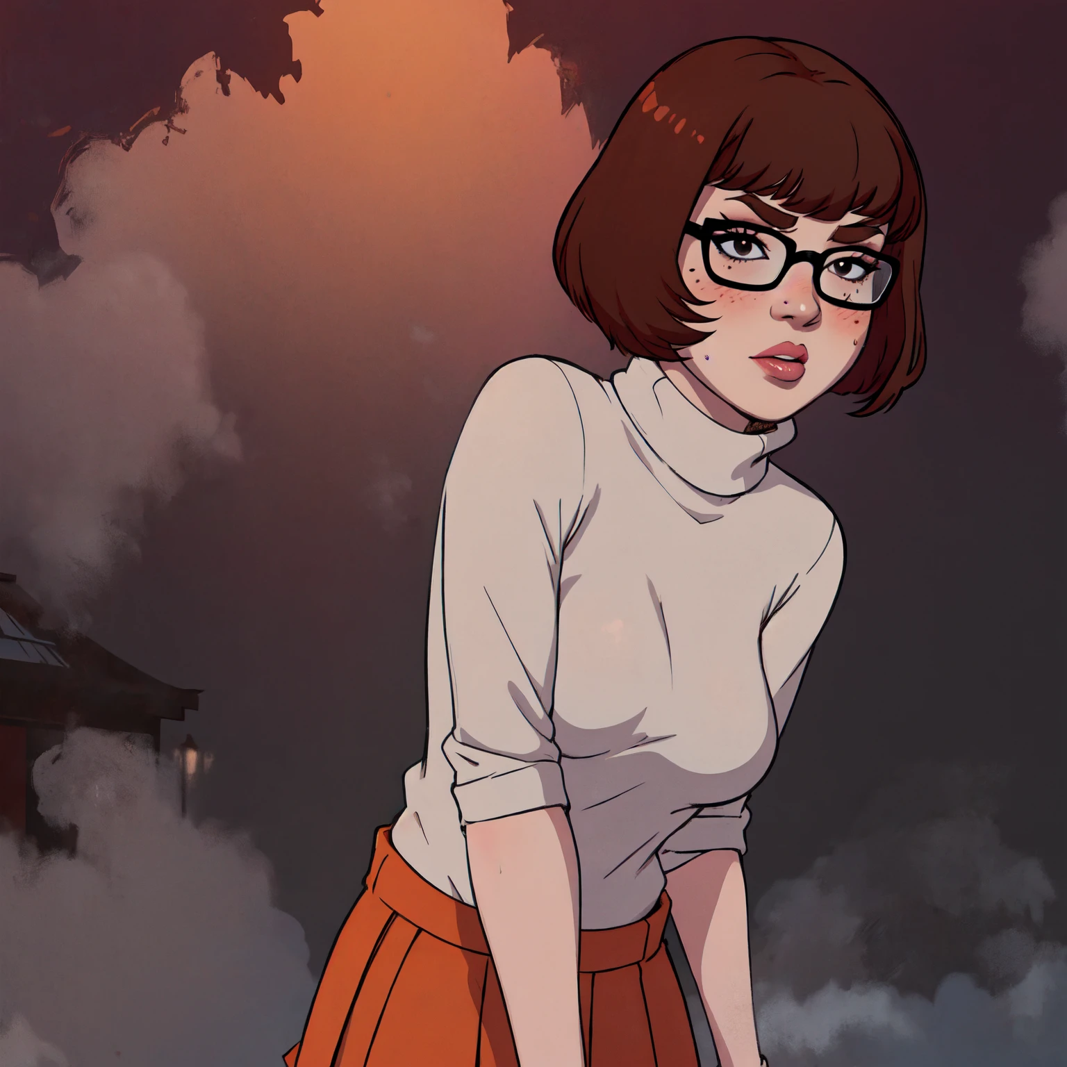 1girl, Velma from scooby-doo, solo, skinny, brown hair, black eyes, square glasses, orange turtleneck blouse and red skirt,  eyeliner, looking at viewer, lips, black bob cut, blunt bangs, blush, standing, upper body, face focus, outdoors, horror \(theme\), night, fog egirlmakeup,  terror background