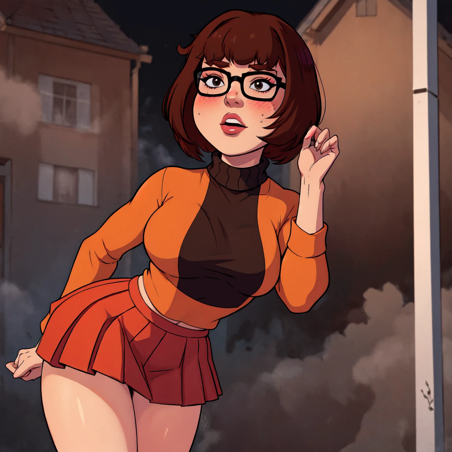 1girl, Velma from scooby-doo, solo, skinny, brown hair, black eyes, square glasses, orange turtleneck blouse and red skirt,  eyeliner, looking at viewer, lips, black bob cut, blunt bangs, blush, standing, upper body, face focus, outdoors, horror \(theme\), night, fog egirlmakeup,  terror background