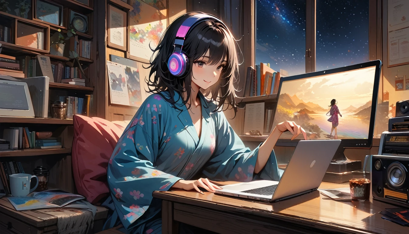 ((8k of extremely detailed CG unit, Masterpiece, high resolution, highest quality, highest quality real texture skin)), (((Starry sky through a large window))), (((Japanese patterned pajamas))), (((Colorful Room))), (((Japanese style headphones))), (((iced coffee))), (((Smiling and studying at a desk))), ((1 girl)), (Black hair, messy hair, beige skin), (surreal, digital painting), (((Warm lighting))), (((midnight))), (((Boombox))), (((laptop)))