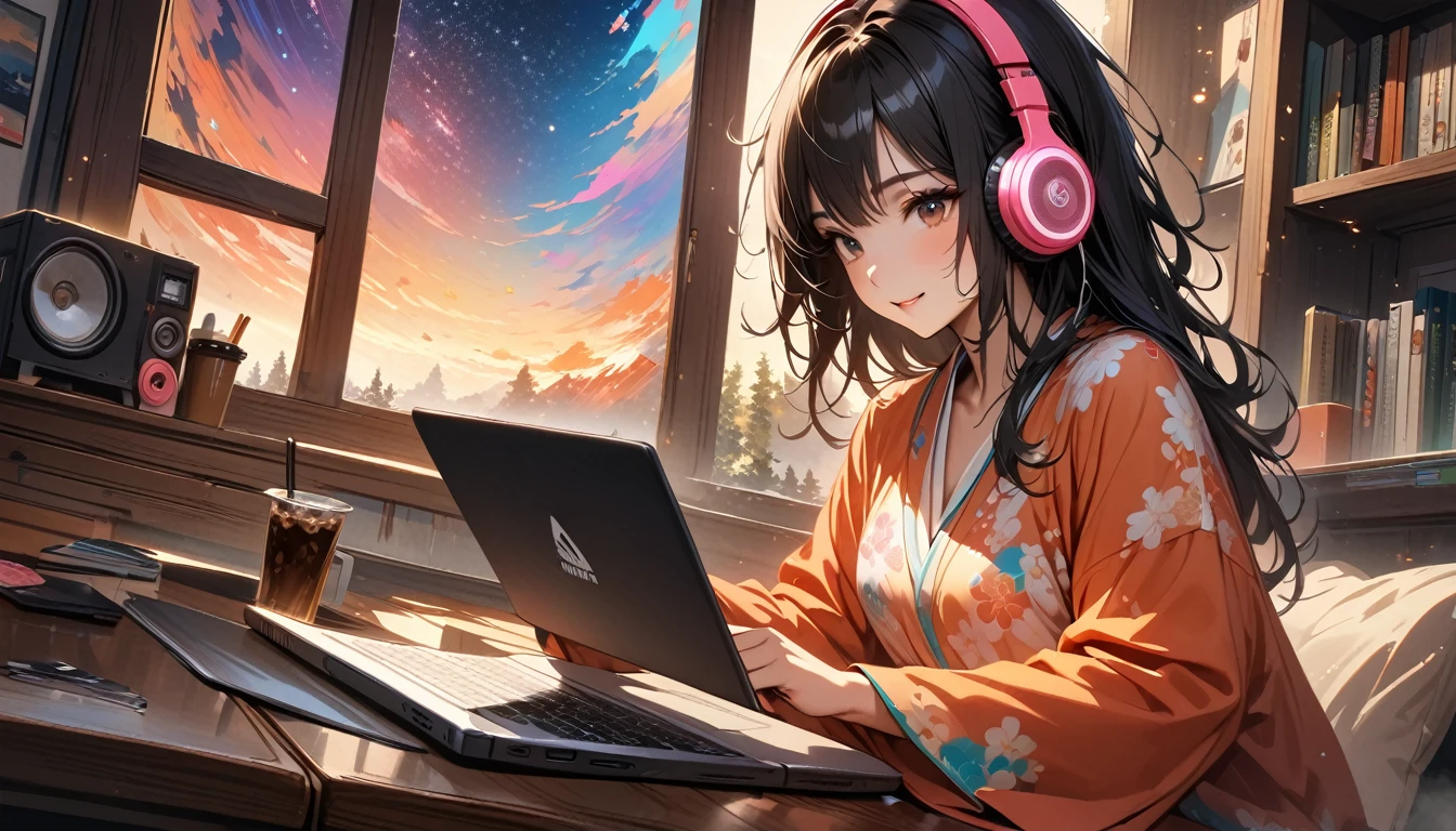((8k of extremely detailed CG unit, Masterpiece, high resolution, highest quality, highest quality real texture skin)), (((Starry sky through a large window))), (((Japanese patterned pajamas))), (((Colorful Room))), (((Japanese style headphones))), (((iced coffee))), (((Smiling and studying at a desk))), ((1 girl)), (Black hair, messy hair, beige skin), (surreal, digital painting), (((Warm lighting))), (((midnight))), (((Boombox))), (((laptop)))