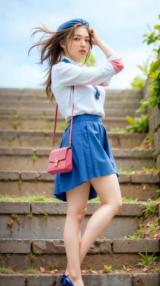 ((Viewing angle from below、Highest quality、masterpiece、32k、Every detail))、Descend the outdoor stairs、commute、Systemic symptoms、Traditional navy blue sailor uniform、White blouse、Pleated skirt、(((A strong wind blows my hair and skirt away:1.62)))、(( I always wear the strap of my bag across my body.....:1.22))、One Girl, alone、(((mini skirt, No underwear:1.22)))、Big Breasts、barefoot, High heels