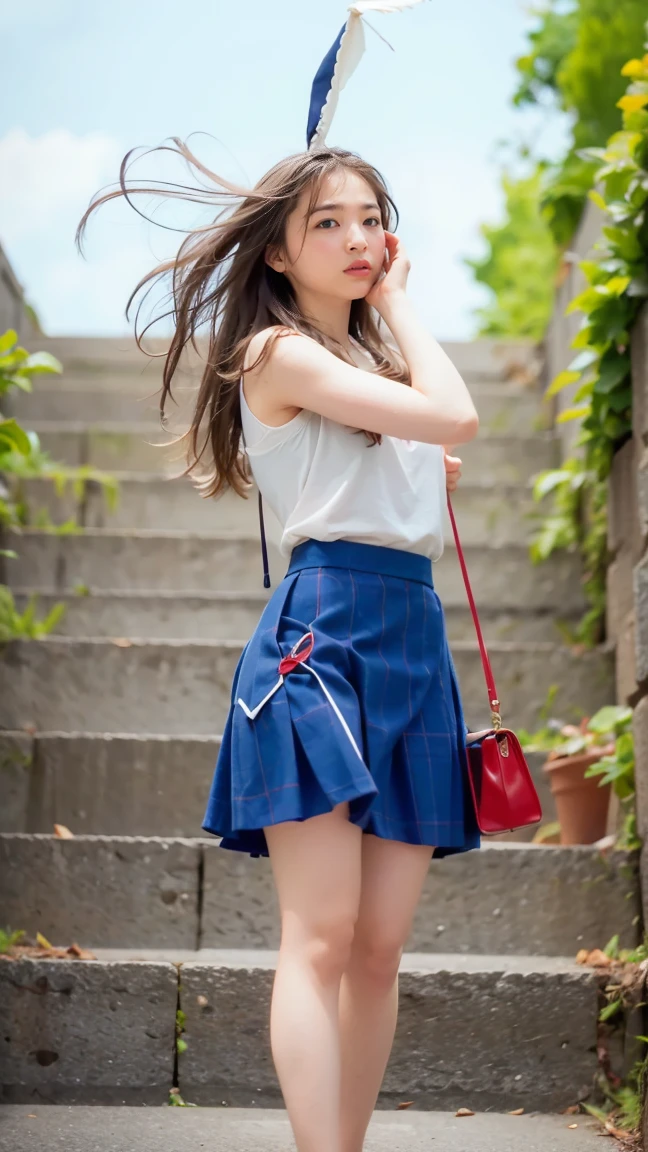 ((Viewing angle from below、Highest quality、masterpiece、32k、Every detail))、Descend the outdoor stairs、commute、Systemic symptoms、Traditional navy blue sailor uniform、White blouse、Pleated skirt、(((A strong wind blows my hair and skirt away:1.62)))、(( I always wear the strap of my bag across my body.....:1.22))、One Girl, alone、(((mini skirt, No underwear:1.22)))、Big Breasts、barefoot, High heels