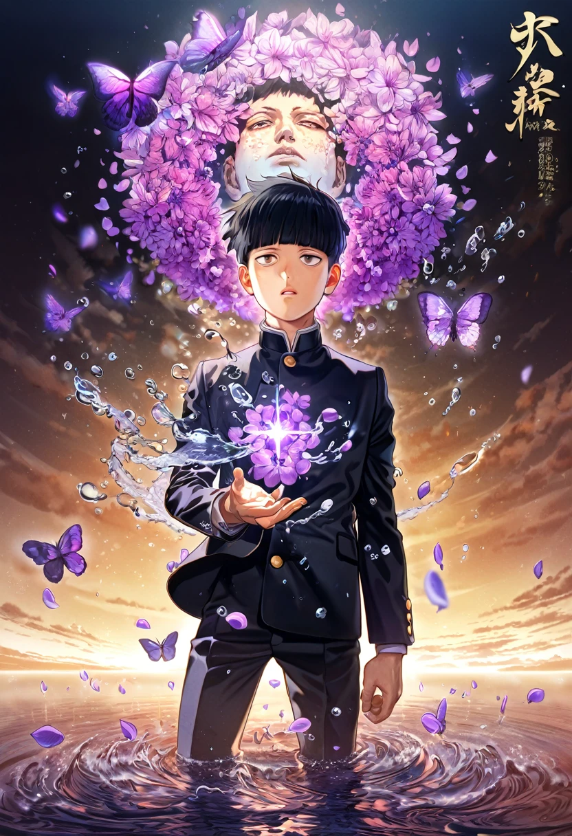 absurdres, highres, ultra detailed, HDR, master piece, best quality, Kageyama Shigeo, black hair, expressive brown eyes, mob psycho 100, solo, sexy man, handsome, Japanese black uniform, magical, fantasy, shining, water, purple flowers, purple blossoms, purple butterflies, purple petals