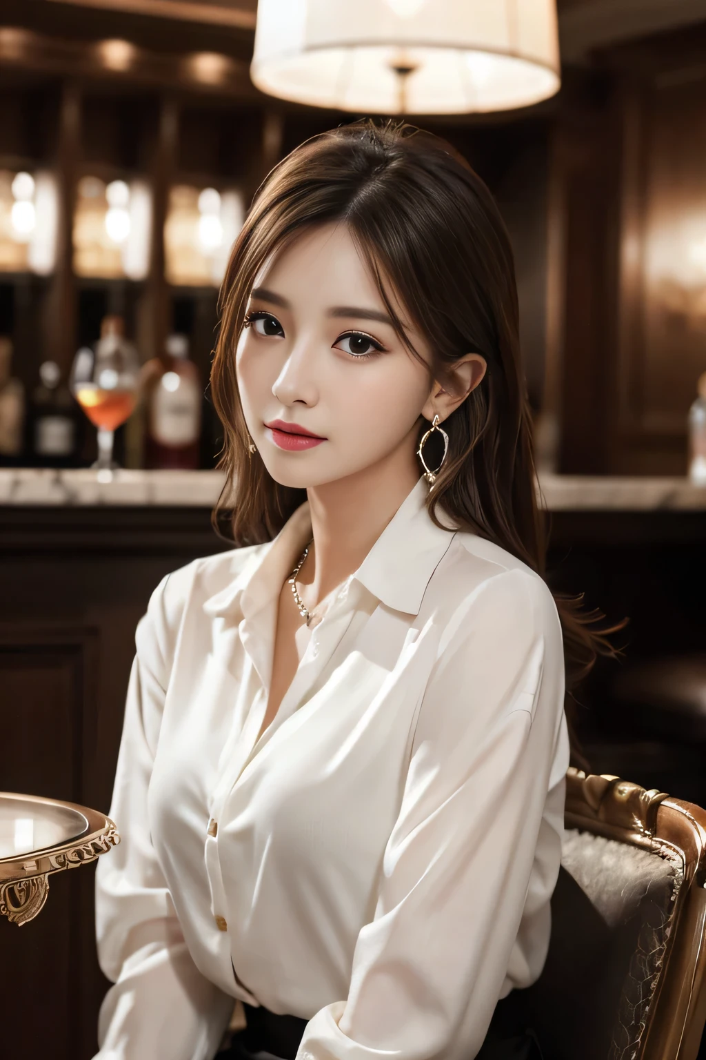 masterpiece, Highest quality, Realistic, Very detailed, Finer details, High resolution, 8k wallpaper, One beautiful woman, wear an elegant suit, Great bar restaurant, At night, Light brown messy hair, Perfect dynamic composition, Beautiful and beautiful eyes、Big earrings、Sit on a chair、White shirt、