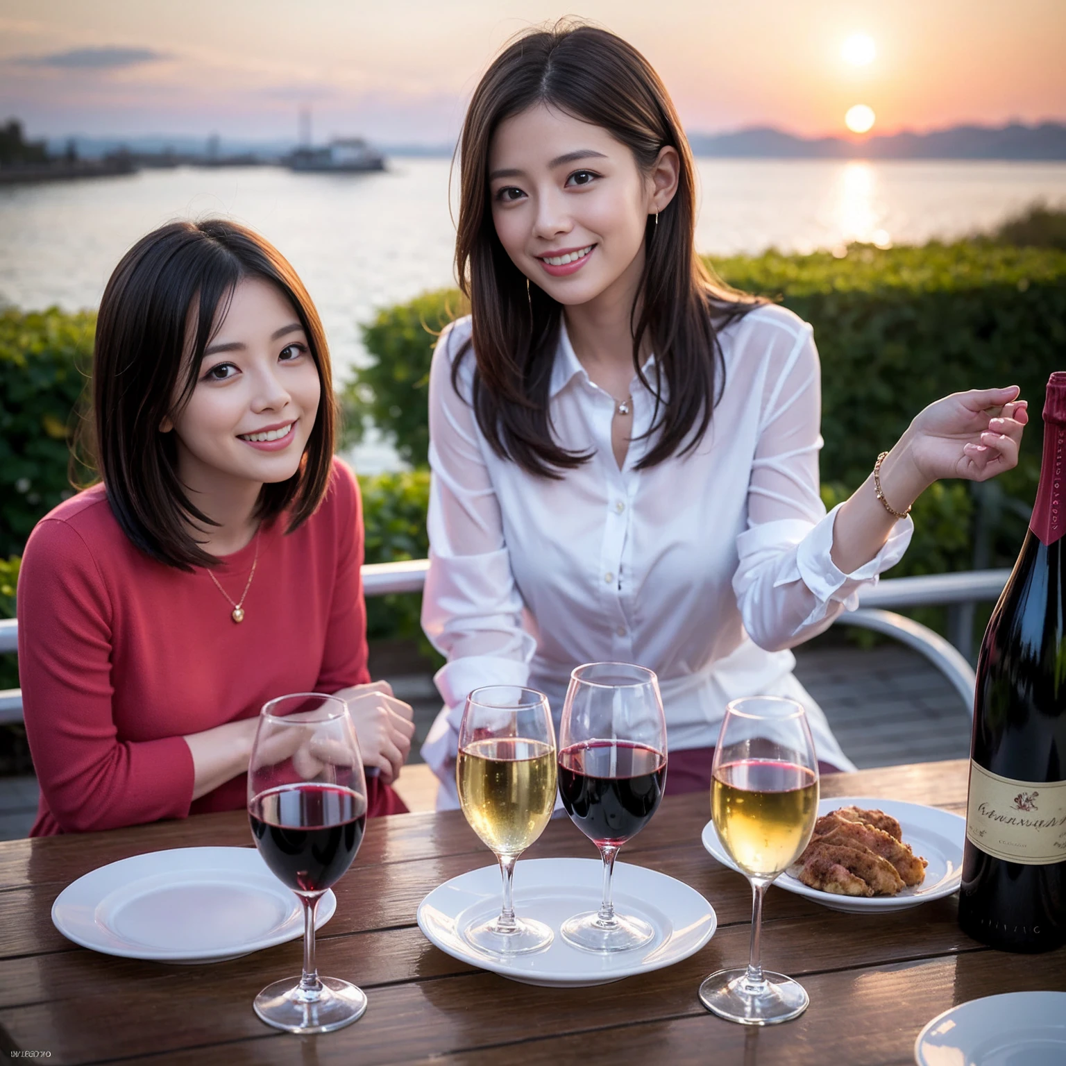 ((Highest quality、8K、masterpiece:1.3))、 (Genuineistic, Genuine、Bright image、Intricate details:1.2), 最高のsmile、1 male、1 female、party、Beautiful couple、Satomi Ishihara-like lover、Good friends、actress couple、smile、Full-course dinner at a packed table、 (Slim face), (the body is slim), (Brown Hair), (short hair), テーブルのwine glass、Please shine a light on my face、 Amazing view of the sunset sky and clouds、 (36 years old)38 years old, red wine 、Wine bottle、sparkling wine、Long sleeve shirt、Pink Dress、White wine, red wine, wine glass, 