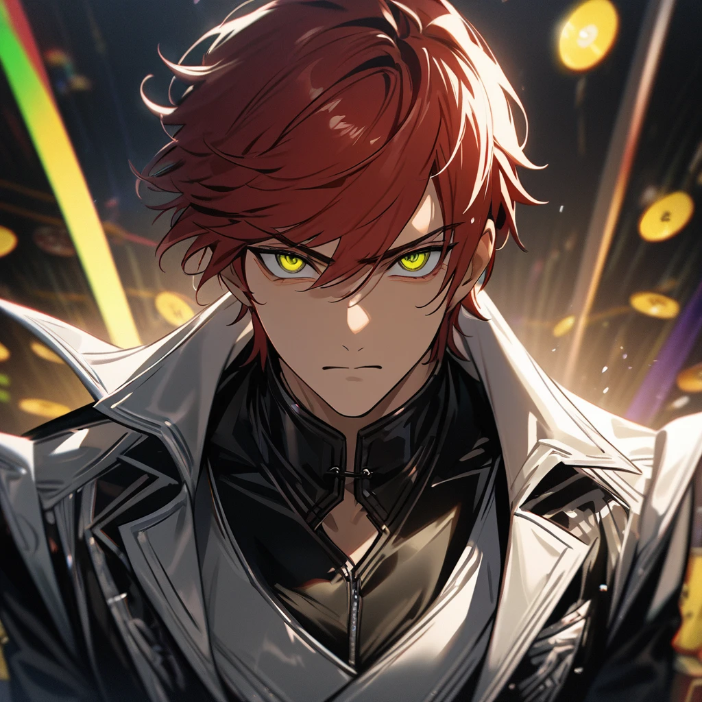 high quality, High resolution, 4K, Handsome man, 1 male, ager, casino, Short Red Hair, Sharp eyes, Yellow-green eyes, The devil may cry, close, Calm expression, Stoic expression, Black leather clothing, white leather clothes, Upper Body, View your viewers, Cowboy Shot, White Solar, Dark Background