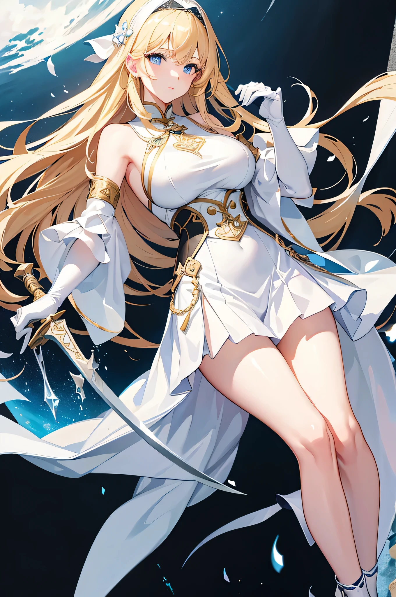 4K,High resolution,One Woman,Blonde,long hair,Blue Eyes,Big Breasts,Swordsman,White Chinese dress,Sleeveless,Black tights,White shoes,White gloves,hair band,Jewelry decoration,Long sword,Medieval village