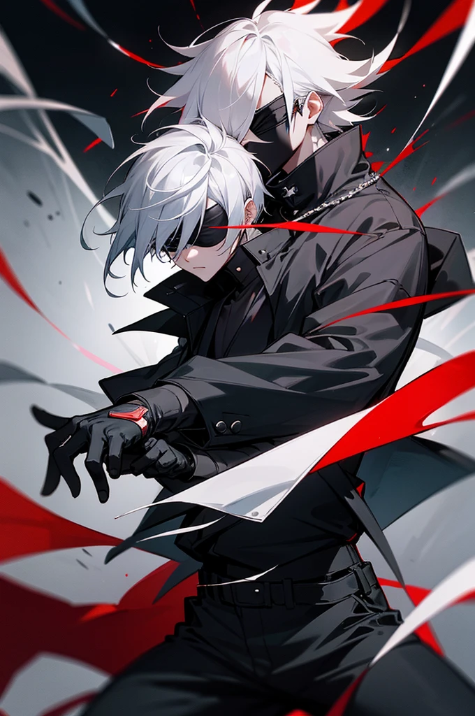 A white-haired anime character with a slightly messy medium-length hairstyle, wearing a black blindfold over his eyes. He is dressed in an open black jacket with red accents, similar to the style seen in Jujutsu Kaisen. Underneath, he wears a dark gray shirt and fitted black pants. The character has a silver chain necklace and black fingerless gloves. He stands in a slightly forward-leaning combat stance, with one hand raised showing the glove and the other holding the edge of his open jacket. The background is a nighttime urban scene with a supernatural vibe
