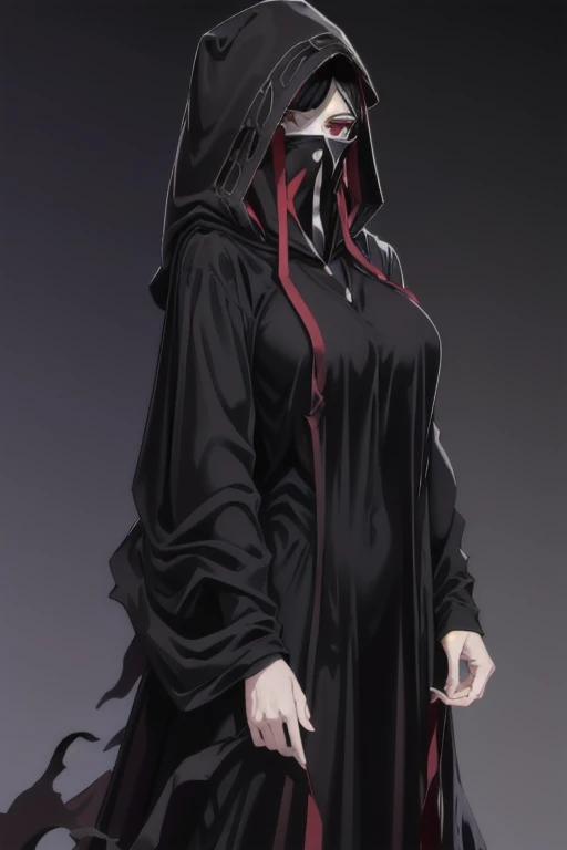 NNAssassinFSF, 1girl, solo, large breasts, black hair, red eyes, long sleeves, dress, hood, black dress, black cloak, hood up, black robe, covered mouth, hooded cloak, 8k,highres,absurdres,masterpiece,best quality,original,extremely detailed CG,extremely detailed wallpaper,perfect